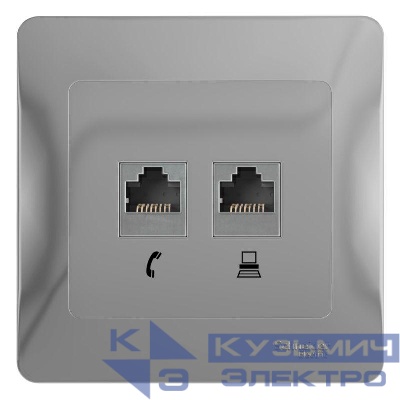 Розетка компьютерная + телефонная 2-м СП Glossa RJ45 + RJ11 кат.5E механизм алюм. SE GSL000385