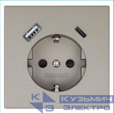 Розетка СП FD Shuko 16А с заземл. защ. шторки с 2-мя заряд. устр. USB тип A+C 25Вт механизм бронза Jasmart FD5501USB-25BR