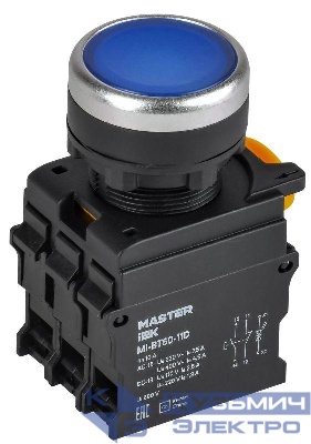 Кнопка d22мм 1НО+1НЗ MASTER с подсветкой син. IEK MI-BT60-11D-3-12-K07