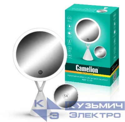 Зеркало M282-DL C01 с LED подсветкой 1x/съемн. 5x увеличение дневной свет 5Вт 4хLR03/USB бел. Camelion 14004
