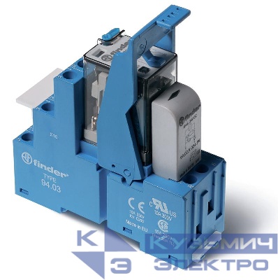 Модуль интерфейсный (сборка 55.33.9.024.0010 + 99.02.9.024.99 + 94.03SMA) электромеханич. реле 3CO 10А AgNi 24В DC IP20 винт. клеммы металлич. клипса LED + диод FINDER 583390240050SMA