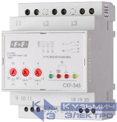 Реле контроля фаз для сетей с изолированной нейтралью CKF-345 (монтаж на DIN-рейке 35мм; регулировка порога отключения; контроль чередования фаз; 3х500В 2х8А 1х2P IP20) F&F EA04.004.001