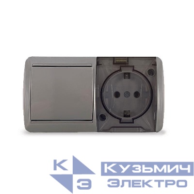 Блок ОП Клио 1-кл. выкл. 10А + розетка 1-м 16А 250В с заземл. с прозр. крышкой сер. Universal К2237-Gr