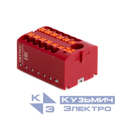Блок распределительный зажим push-in 1 ввод 6кв.мм 12 точек подключения 2.5кв.мм красн. DKC DTP1-112-104SPUR