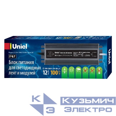 Блок питания UET-VAF-100A67 12В IP67 ультратонкий 100Вт метал. корпус Uniel UL-00007576