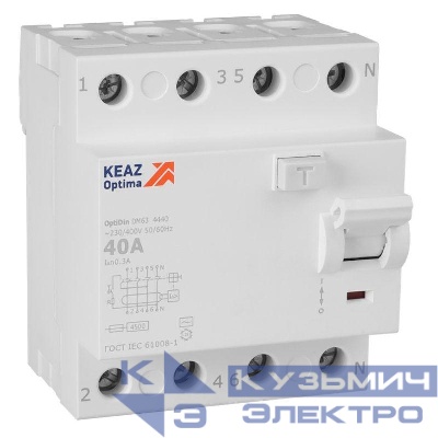 Выключатель дифференциального тока (УЗО) 4п 40А 300мА тип AC 4.5кА OptiDin DM63-4440 УХЛ4 КЭАЗ 343904