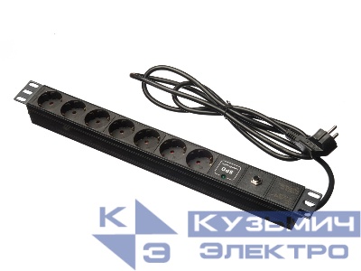 Блок розеток 19", 16А, 7 розеток, шнур 1.8м, с защитой, черный