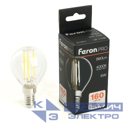 Лампа светодиодная LB-1706 6Вт G45 шар прозрачная 4000К E14 980лм 175-265В FERON 51257