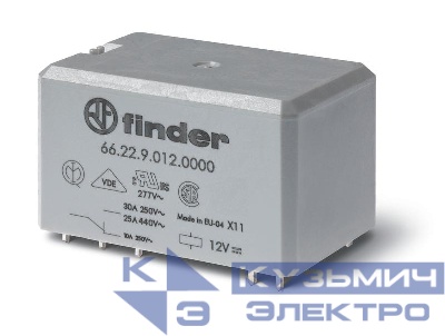 Реле силовое электромеханич. монтаж на печатную плату раздвоенные выводы 2NO 30А AgCdO 24В DC RTII УХЛ4 FINDER 662290240300
