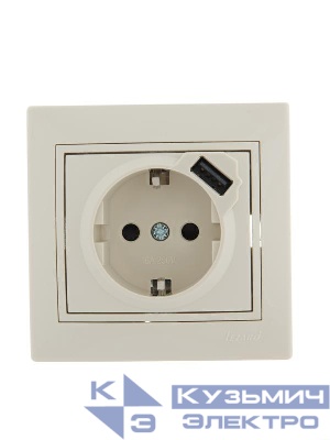 Розетка 1-м СП Mira 16А с заземл. + USB разъем крем. LEZARD 701-0303-181
