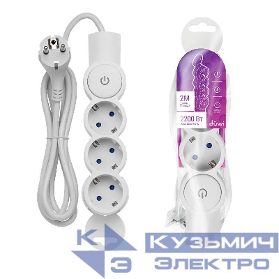 Удлинитель 3х2м с заземл. 10А IP20 ПВС 3х0.75 с выкл. защ. шторки REV 32007 6