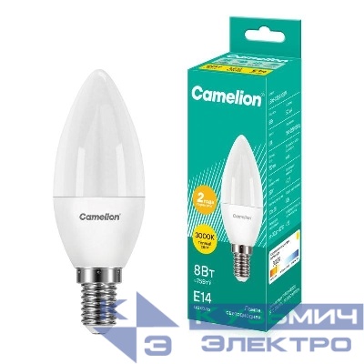 Лампа светодиодная LED8-C35/830/E14 8Вт свеча 3000К тепл. бел. E14 720лм 220В Camelion 12385