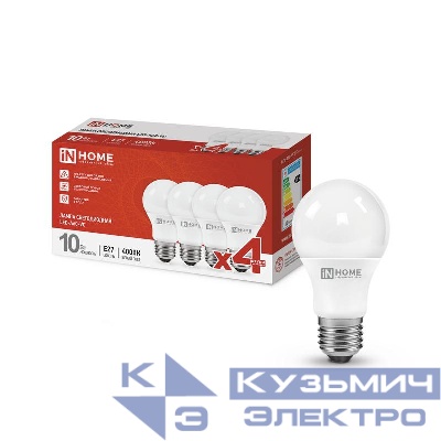Лампа светодиодная LED-A60-VC 4PACK 10Вт 230В E27 4000К 950лм (уп.4шт) IN HOME 4690612047645