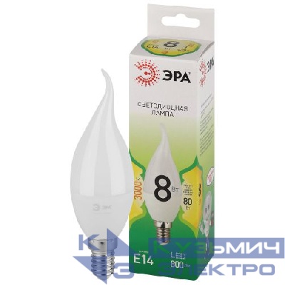 Лампа светодиодная GREEN LINE BXS-8W-830-E14 GL 8Вт свеча на ветру 3000К свет тепл. E14 Эра Б0067103