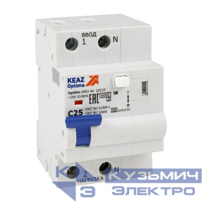 Устройство защиты от дугового пробоя с АВДТ и защ. от пов. напряж. OptiDin AFDD-40-22C25-A-У3 (2P C25 30mA Uоткл 275В) КЭАЗ 339089