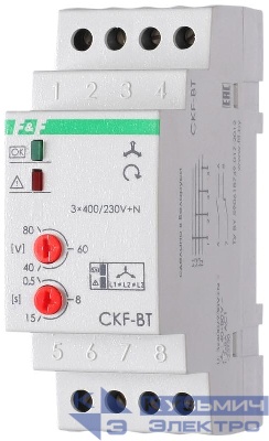 Реле контроля наличия и чередования фаз CKF-BT (монтаж на DIN-рейке 35мм; микропроцессорный; регулировка порога отключения и времени отключения; контроль верхнего и нижнего значений напряжения; 3х400/230+N 2х8А 1Z 1R IP20) F&F EA04.002.004