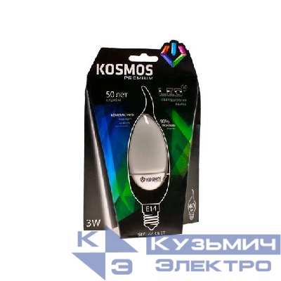 Лампа светодиодная KOSMOS premium 3Вт свеча на ветру E14 230В 4500К Космос KLED3wCW230vE1445