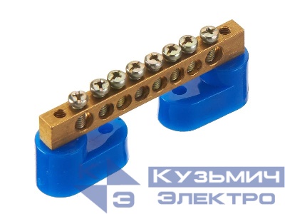Шина N "ноль" на 2-х изоляторах, тип "Стойка", синий, 6х9мм, 8 групп, латунь EOL