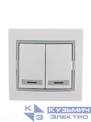 Выключатель 2-кл. СП Mira 10А IP20 с подсветкой с сер. вставкой бел. LEZARD 701-0215-112