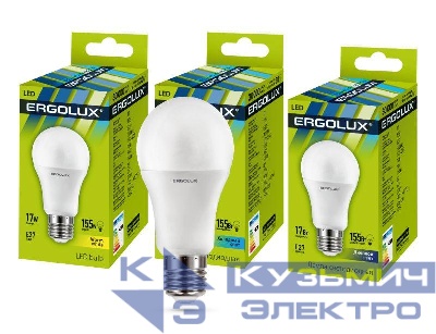 Лампа светодиодная LED-A60-17W-E27-6K 17Вт грушевидная 6500К холод. бел. E27 180-240В ЛОН Ergolux 13181
