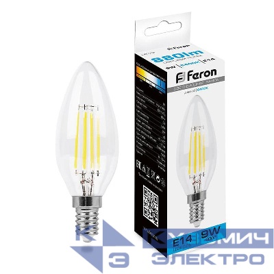 Лампа светодиодная LB-73 9Вт прозрачная 6400К E14 230В FERON 38229