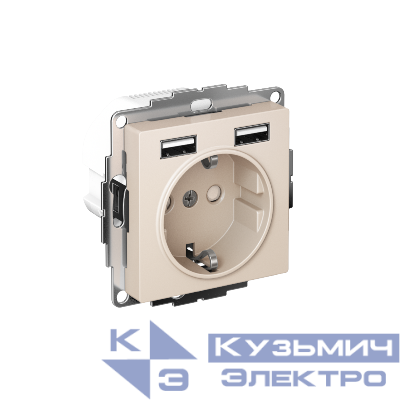 Розетка 1-м СП AtlasDesign 16А IP20 с 2-мя заряд. устройствами USB тип A+A 5В/2.4А 2х5В/1.2А механизм беж. SE ATN000230
