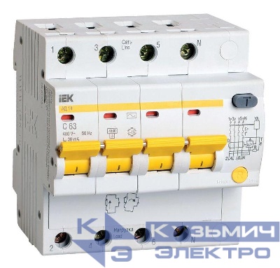 Выключатель автоматический дифференциального тока 4п C 63А 30мА тип AC 4.5кА АД-14 KARAT IEK MAD10-4-063-C-030