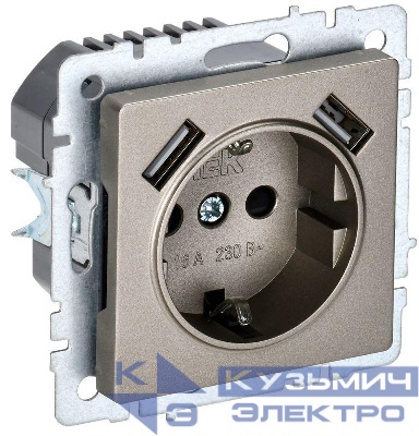 Розетка BRITE РЮш10-1-БрШ 16А с USB A+A 2.1А с заземл. защ. шторки механизм шампань IEK BR-R14-16-U21-D21-K37
