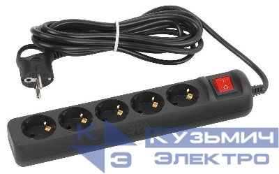 Удлинитель электрический UX-5es-5m-B с заземлением с выключателем 5 розеток 5м ПВС 3х0.75мм2 10А черн. Эра Б0057732