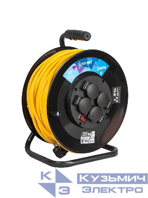 Удлинитель на катушке 4х30м с заземл. 16А IP54 4кВт ПВС 3х2.5 термозащ. КОСМОС YKKsm30m-4g-Z(2.5)IP