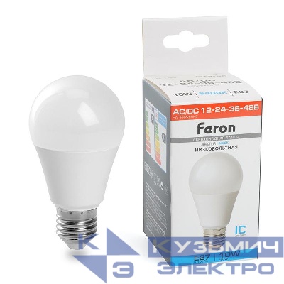 Лампа светодиодная LB-192 10Вт A60 грушевидная 6400К E27 12-48В низковольтная FERON 48732