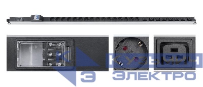 Блок розеток для 19дюйм шкафов PDU-32-16S-8C19-B-T вертик. 16 розеток Schuko 8 розеток IEC 320 C19 32А автомат защиты алюм. корпус клем. колодка Cabeus 9545c