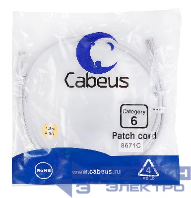 Патч-корд U/UTP кат.6 PC-UTP-RJ45-Cat.6-1.5m-WH 2xRJ45/8p8c неэкранир. PVC 1.5м бел. Cabeus 8671c
