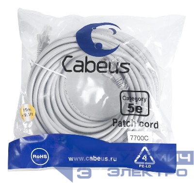Патч-корд U/UTP кат.5E PC-UTP-RJ45-Cat.5e-15m 2xRJ45/8p8c неэкранир. PVC 15м сер. Cabeus 7700c
