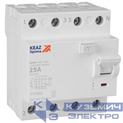Выключатель дифференциального тока (УЗО) 4п 25А 30мА тип AC 4.5кА OptiDin DM63-4225 УХЛ4 КЭАЗ 343891
