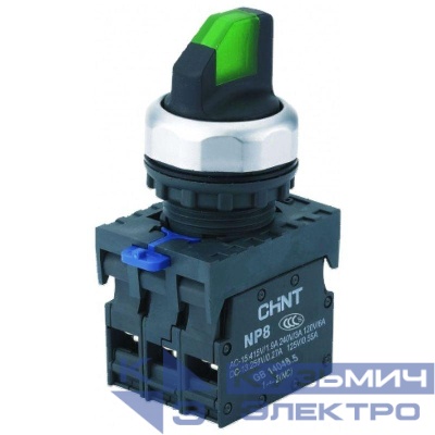 Переключатель без подсветки NP8-11X/213 2 полож. с фиксацией зел. 1НО+1НЗ IP65 (R) CHINT 667132