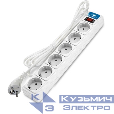 Удлинитель с сетевым фильтром 6х1.8м с заземл 10А IP20 2.2кВт ПВС 3х1 с выкл. бел. DOMTOK 2515