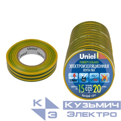 Лента изоляционная 0.135х15мм 20м UIT-135P 20/15/01 YGR жел/зел. Uniel 04490