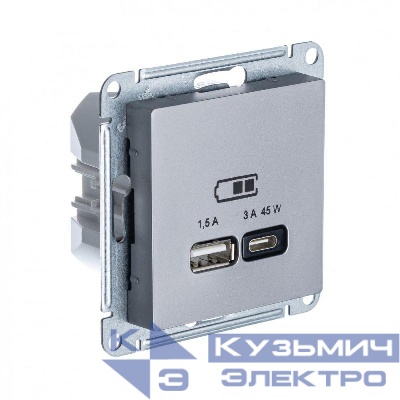 Розетка USB AtlasDesign тип A+C 45Вт QC PD высокоскор. ЗУ механизм сталь SE ATN000929