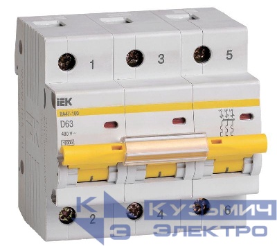 Выключатель автоматический модульный 3п D 63А 10кА ВА47-100 KARAT IEK MVA40-3-063-D