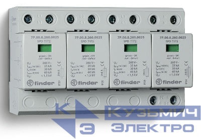 Устройство защиты от импульсных перенапряжений УЗИП тип 1 + 2 (4 варистор/искровый разрядник) модульный 144мм IP20 FINDER 7P0582601025