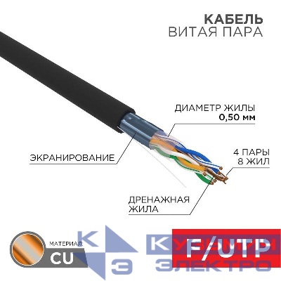Кабель витая пара F/UTP кат.5e 4х2х24AWG LSZH нг(А)-HF OUTDOOR SOLID черн. (305м) Rexant 01-0165