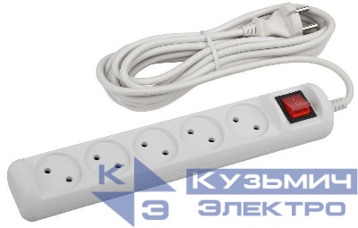 Удлинитель 5х5м без заземл. 10А IP20 U-5s-5m-2х1 ПВС 2х1 с выкл. Эра Б0044057