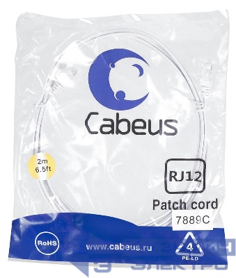 Патч-корд телефонный PC-TEL-RJ12-2m 2х6р4с PVC 2м бел. Cabeus 7889c