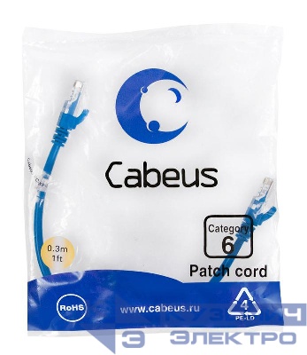 Патч-корд U/UTP кат.6 PC-UTP-RJ45-Cat.6-0.3m-BL 2xRJ45/8p8c неэкранир. PVC 0.3м син. Cabeus 8675c