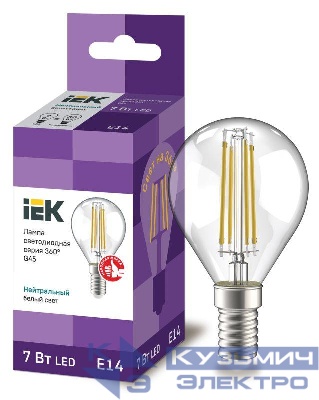 Лампа светодиодная филаментная 360° 7Вт G45 шар прозрачная 4000К нейтр. бел. E14 230В IEK LLF-G45-7-230-40-E14-CL
