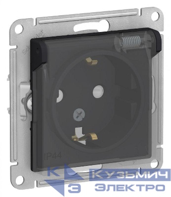 Розетка 1-м СП AtlasDesign Aqua 16А IP44 с заземл. защ. шторки с прозр. крышкой механизм карбон SE ATN441046