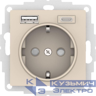 Розетка AtlasDesign 16А с 2-мя заряд. устройствами USB тип A+C 5В/2.4А 2х5В/1.2А механизм беж. SE ATN000232