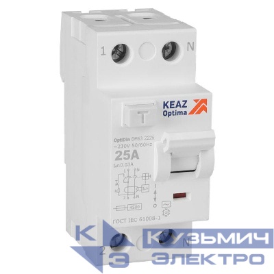 Выключатель дифференциального тока (УЗО) 2п 25А 30мА тип AC 4.5кА OptiDin DM63-2225 УХЛ4 КЭАЗ 343888