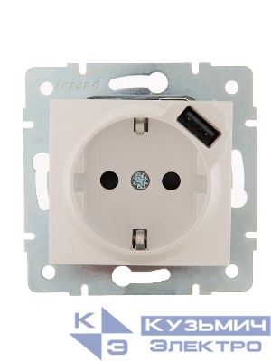 Розетка 1-м СП Karina 16А с заземл. с заряд. устройством USB механизм жемчуж./бел. перламутр. LEZARD 707-3088-181